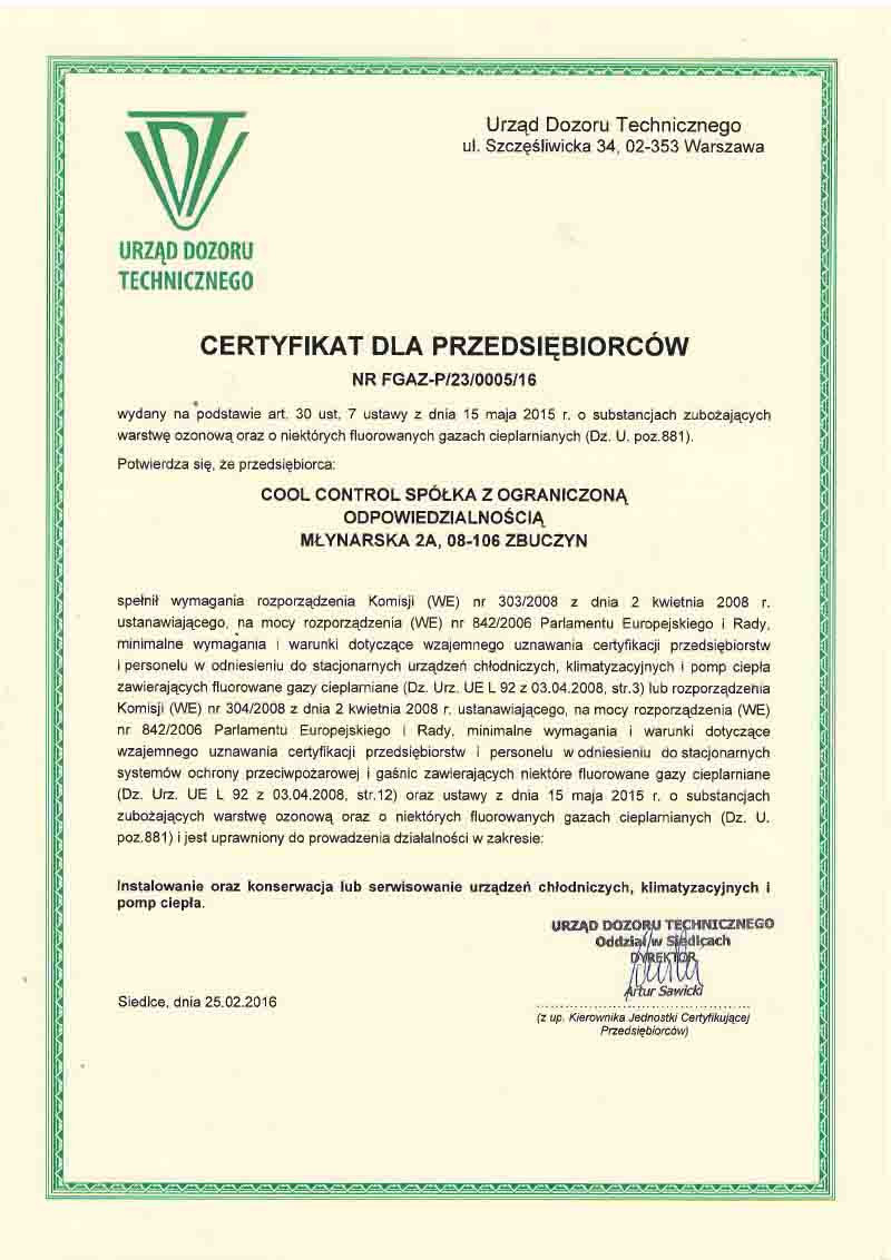 Certyfikat Przedsiębiorcy Fgaz Cool Control Sp. z o.o.