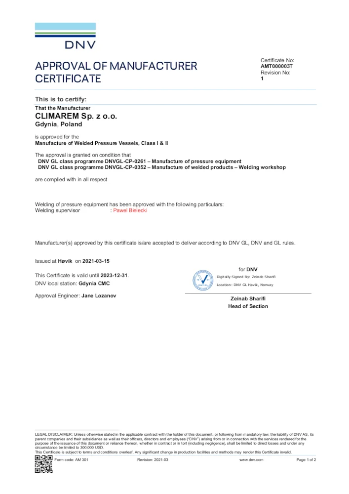 Certyfikat DNV GL (2021)