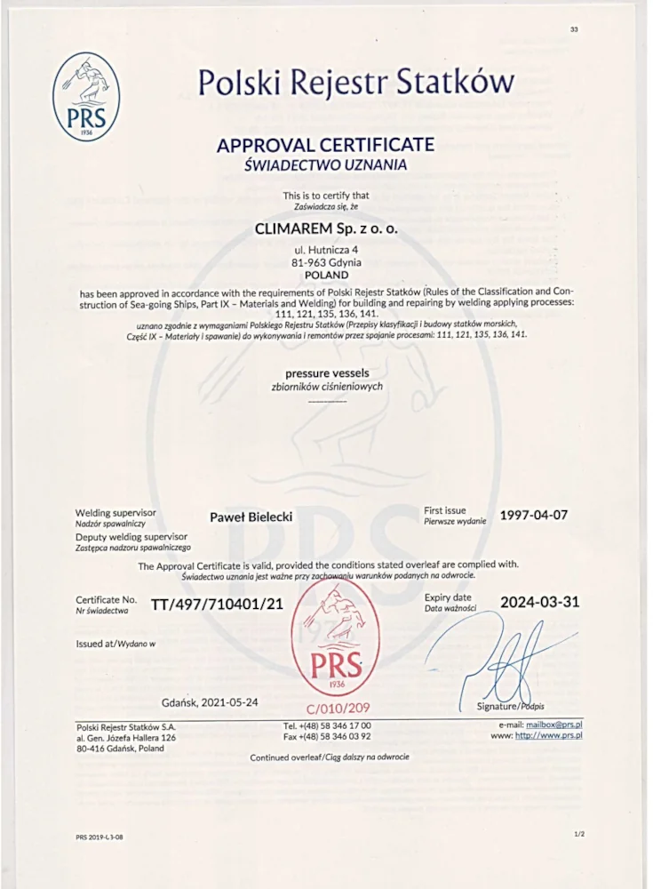Certyfikat PRS Zatwierdzenie PRS  dla laboratorium