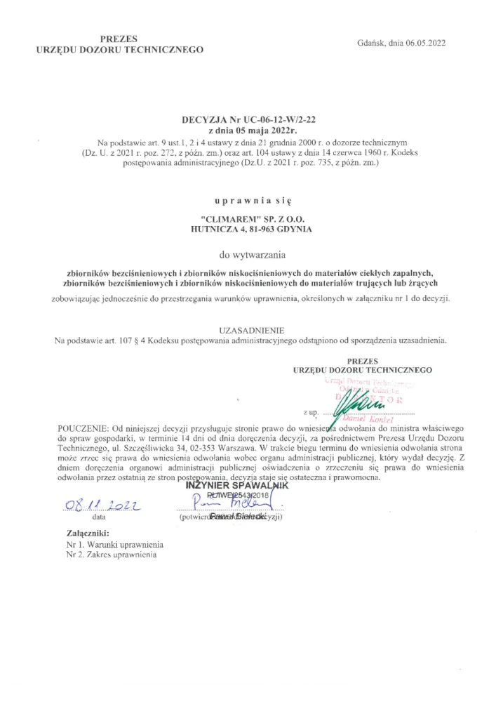Certyfikat UDT - wytwarzanie (2022)