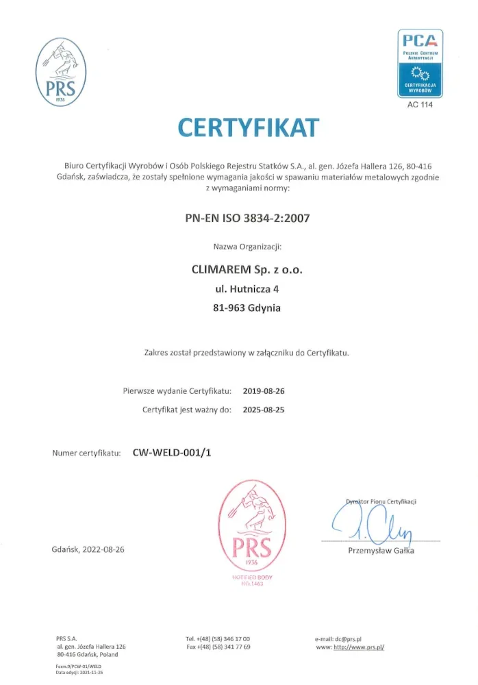 Certyfikat ISO 3834-2:2007 (2022)