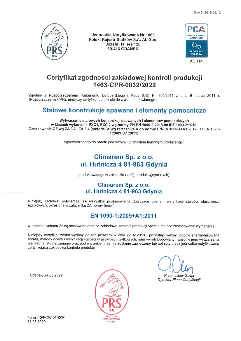 Certyfikat PN EN ISO 1090 (2022)
