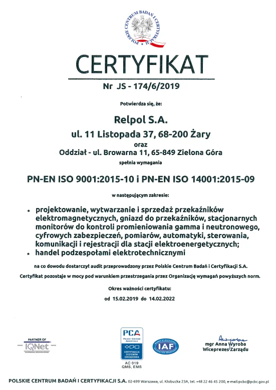 Certyfikat Zarządzania JAKOŚĆ i ŚRODOWISKO (2019)