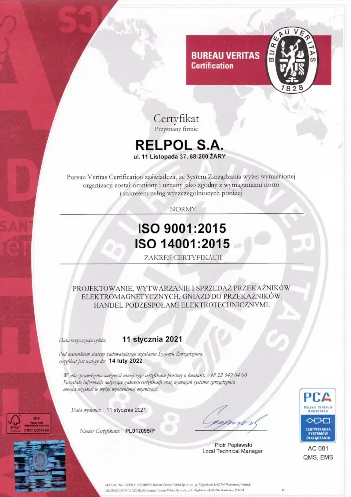 Certyfikat ISO 9001, 14001 (2021)