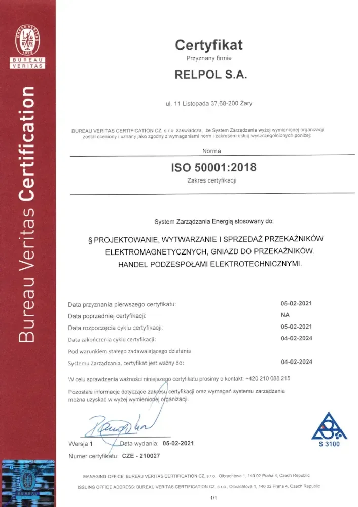 Certyfikat ISO 50001:2018 (2021)