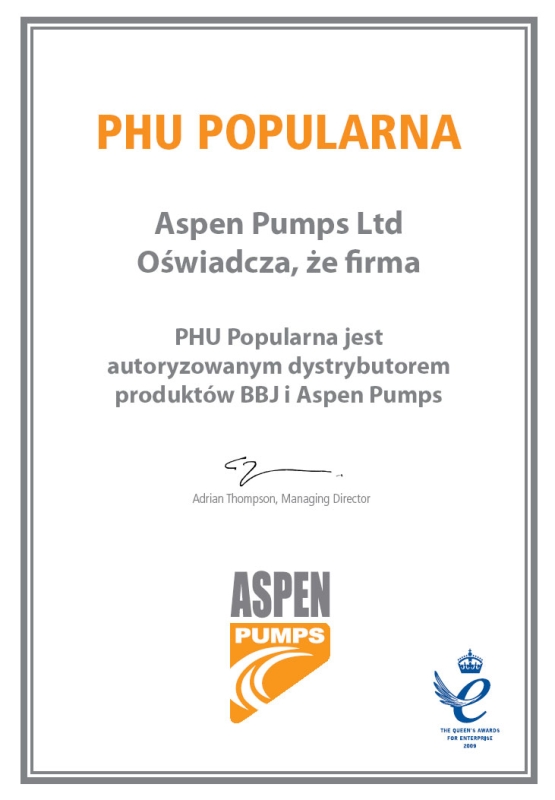 Certyfikat Aspen Pumps Ltd firmy Popularna