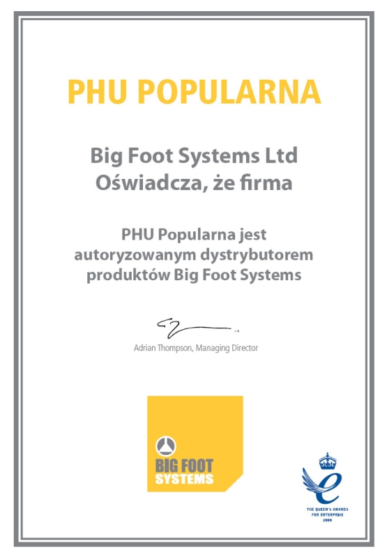 Certyfikat Big Foot Systems Ltd firmy Popularna