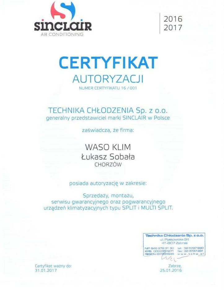 Certyfikat Autoryzacji SINCLAIR