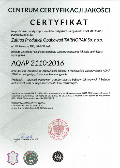 Certyfikat AQAP 2110:2016 (2020)