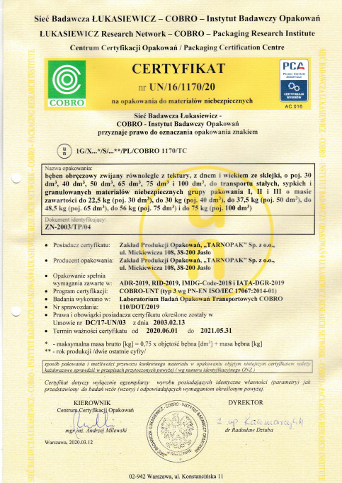 Certyfikat Nr UN/16/1170/20 (2020)