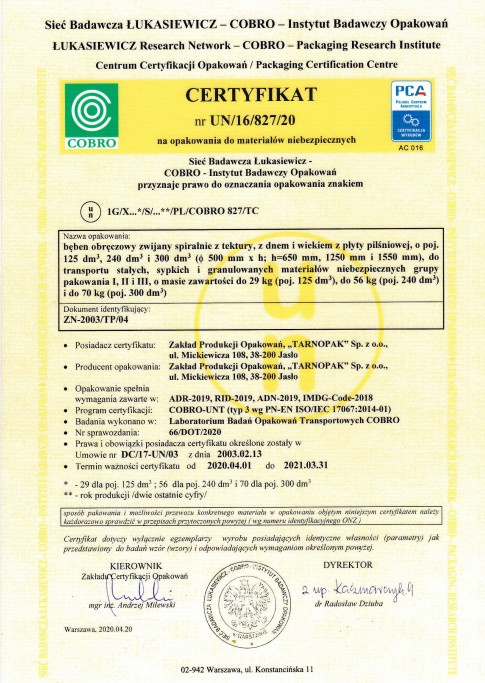 Certyfikat Nr UN/16/827/20 (2020)