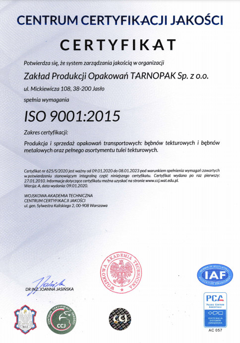 Certyfikat ISO 9001:2015 (2020)