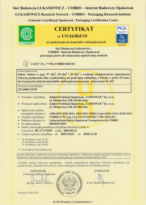 Certyfikat Nr UN/16/865/19 (2019)