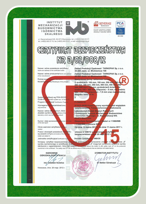 Certyfikat Bezpieczeństwa Nr B/02/008/12 TARNOPAK