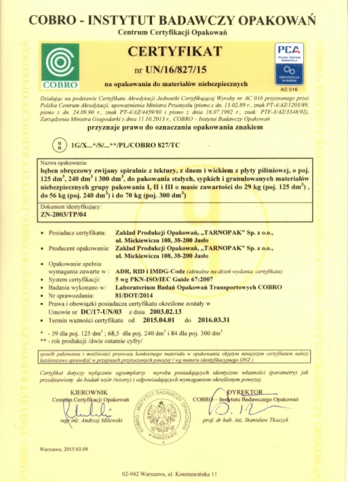 Certyfikat UN/16/827/15 firmy Tarnopak