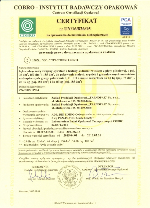 Certyfikat UN/16/826/15 firmy Tarnopak
