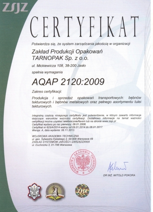 Certyfikat AQAP 2120:2009 firmy Tarnopak