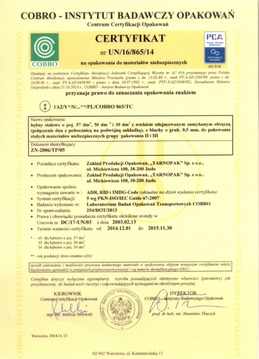 Certyfikat UN/16/865/14 firmy Tarnopak