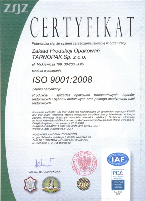 Certyfikat ISO 9001:2008 firmy Tarnopak