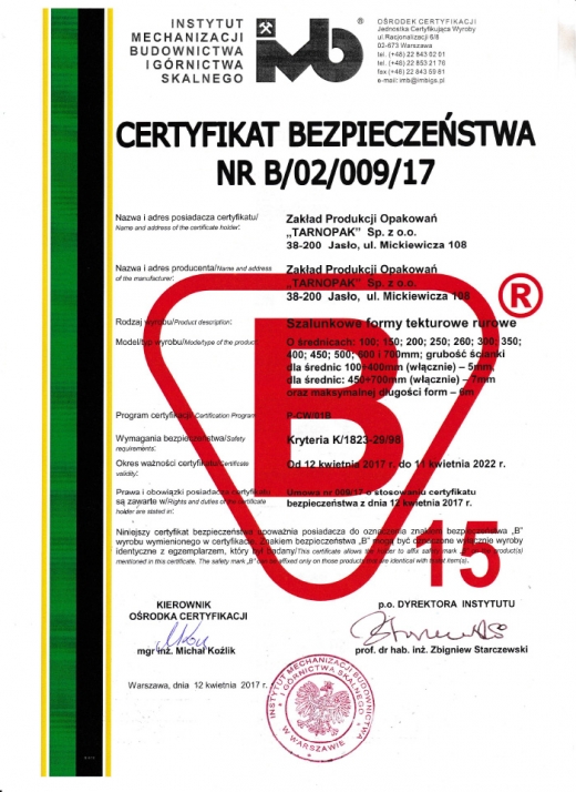 Certyfikat Bezpieczeństwa Nr B/02/009/17