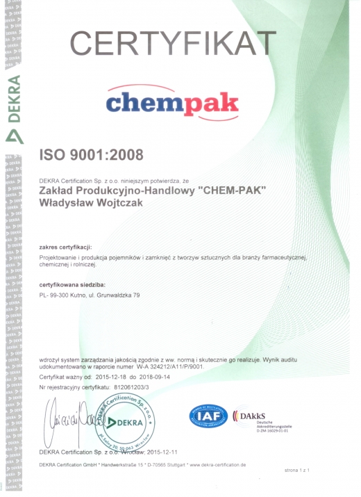 Certyfikat ISO 9001:2008 firmy Chem-Pak