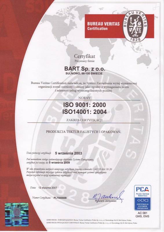 Certyfikat ISO 9001:2000 i ISO 14001:2004 BART Sp. z o.o. 