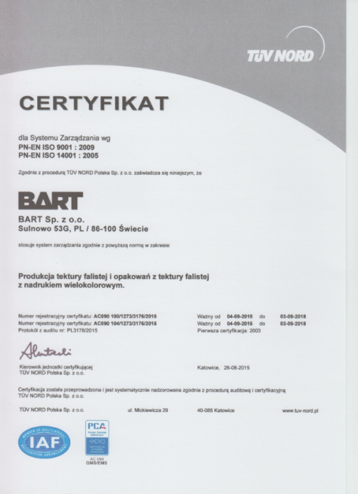Certyfikat PN-EN ISO 9001:2009 i PN-EN ISO 14001:2005 BART Sp. z o.o. 