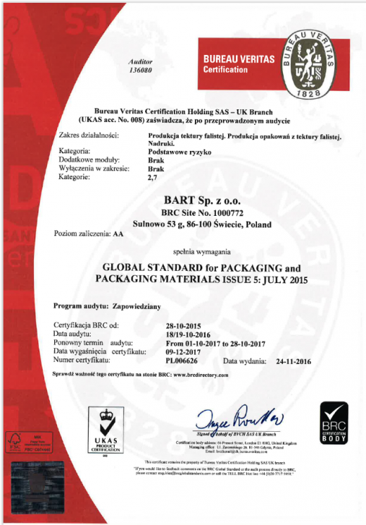 Certyfikat Standardów BRC/IOP BART Sp. z o.o. 
