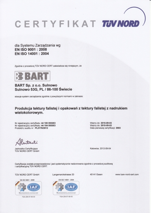 Certyfikat EN ISO 9001:2008 i EN ISO 14001:2004 BART Sp. z o.o. 