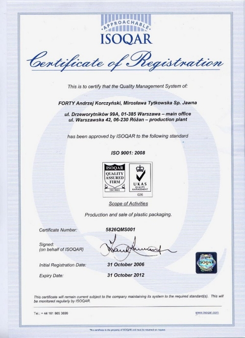 Certyfikat ISO 9001:2008 dla firmy Forty