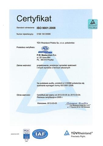 Certyfikat ISO 9001:2008 firmy Masterchem