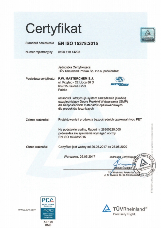 Certyfikat EN ISO 15378:2015 Masterchem