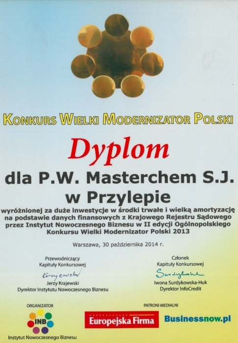Dyplom - Konkurs Wielki Modernizator Polski Masterchem