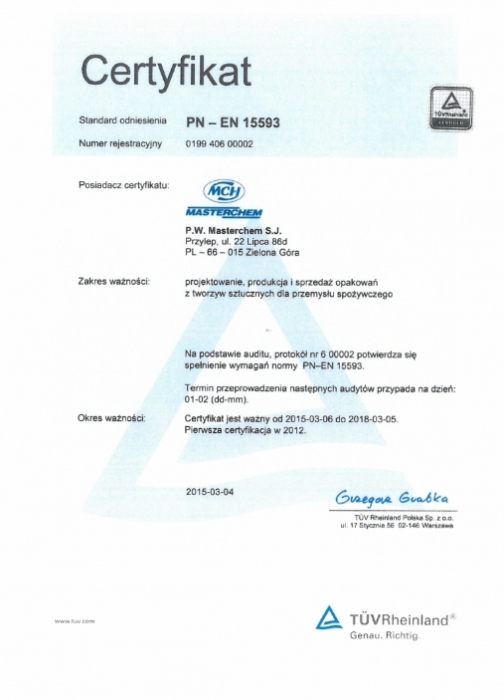 Certyfikaty ISO 15593 Masterchem