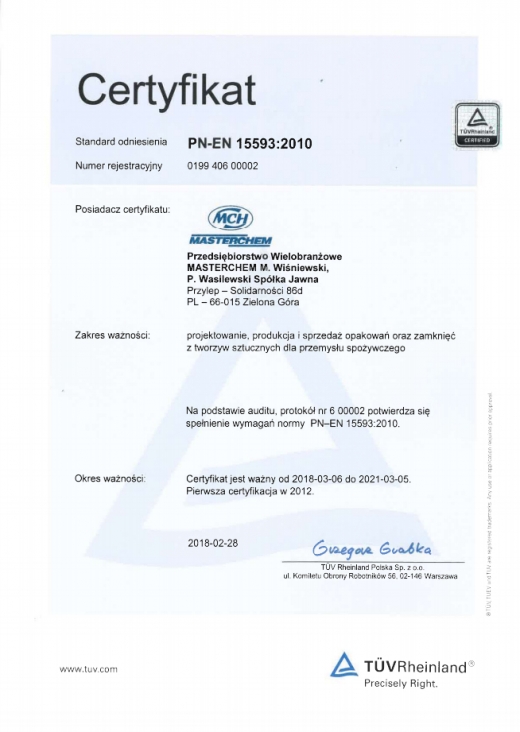 Certyfikat EN ISO 15378:2010 Masterchem