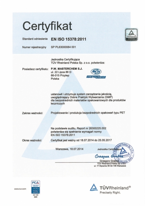 Certyfikat EN ISO 15378:2011 firmy Masterchem