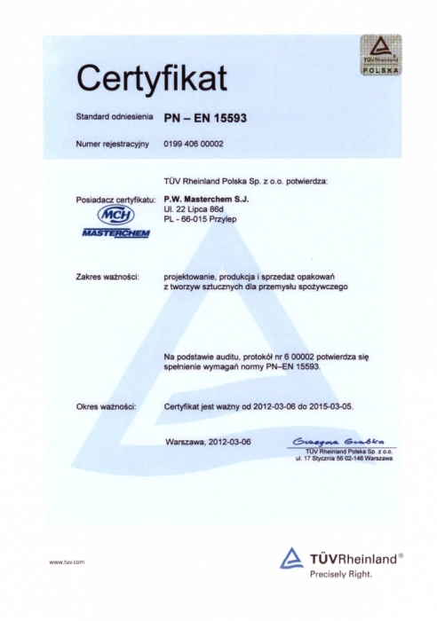 Certyfikat EN - PN 15593 firmy Masterchem