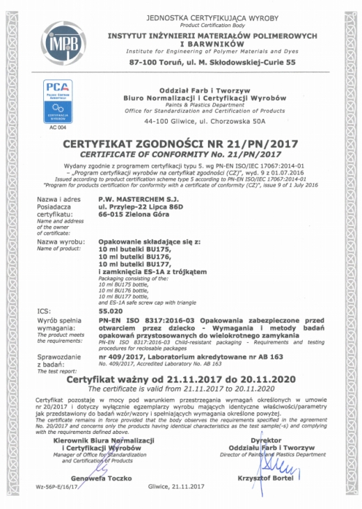 Certyfikat zgodności nr 21/PN/2017 Masterchem