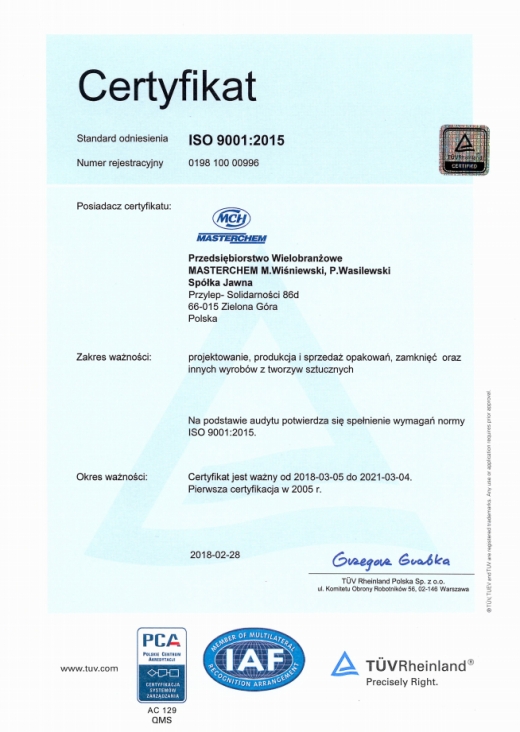 Certyfikat ISO 9001:2015 Masterchem