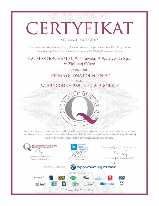 Certyfikat - Firma Godna Polecenia / Wiarygodny Partner w Biznesie P.W. Masterchem S.J.