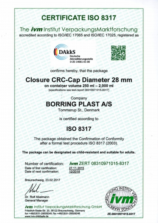 Certyfikat ISO 8317 Mastechem