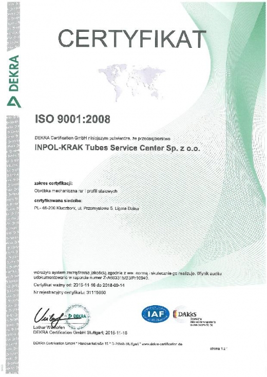 Certyfikat ISO 9001:2008 dla INPOL-KRAK