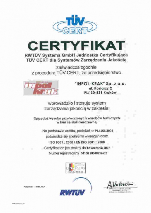Certyfikat TUV CERT dla INPOL-KRAK