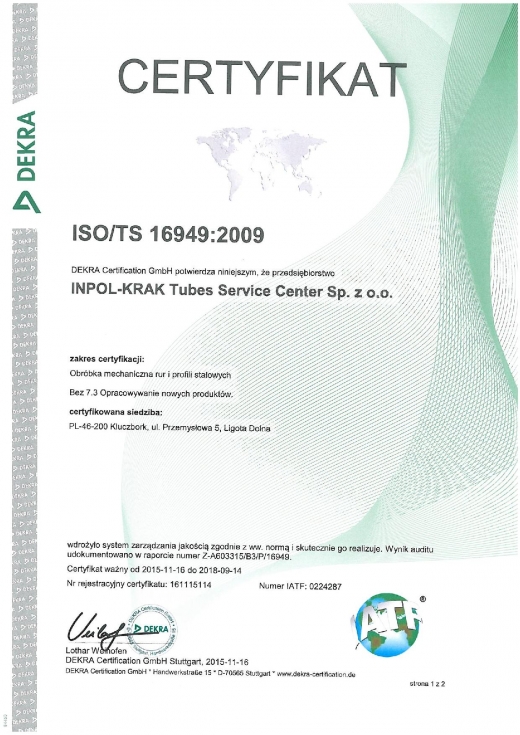 Certyfikat ISO/TS 16949:2009 dla INPOL-KRAK