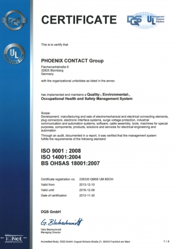 Certyfikat DQS firmy Phoenix Contact