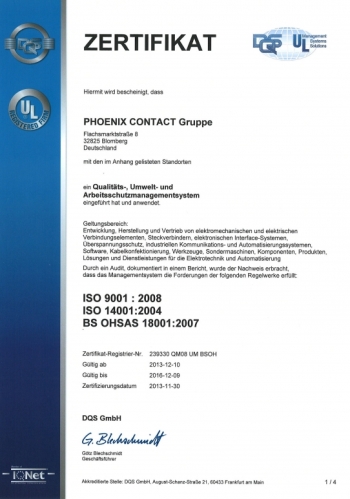 Certyfikat DQS firmy Phoenix Contact