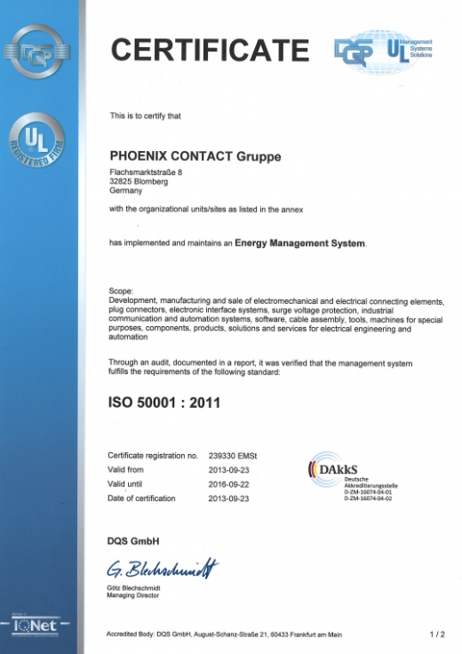 Certyfikat System zarządzania energią Phoenix Contact