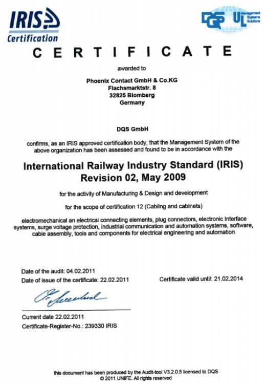 Certyfikat IRIS firmy Phoenix Contact