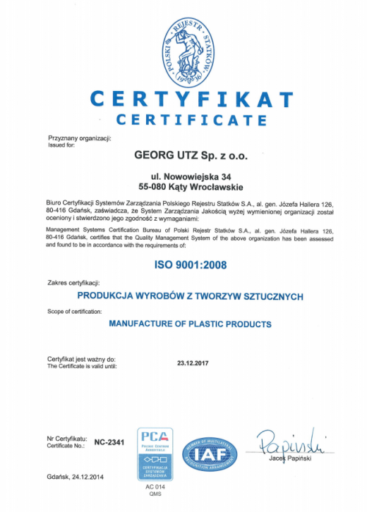 Certyfikat ISO 9001:2008 Georg UTZ