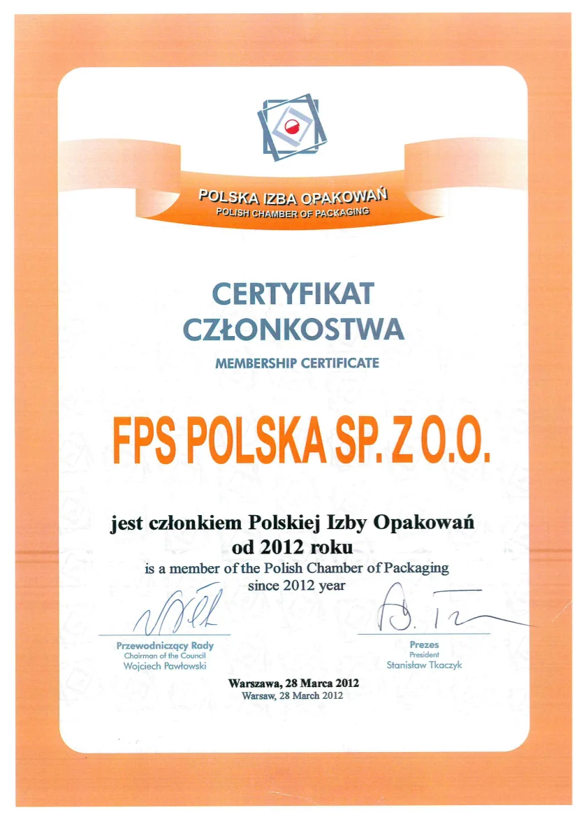 Certyfikat członkowstwa - Polska Izba Opakowań FPS Polska Sp. z o.o.